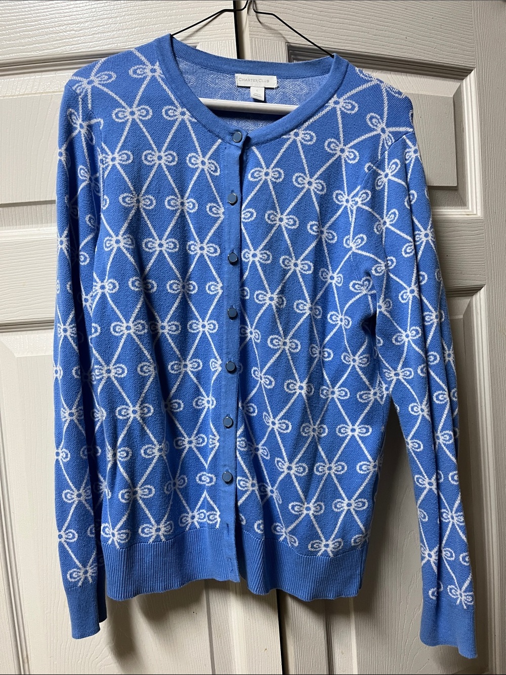 Charter Club Blue and white bow Patterned Button-Front Women's Cardigan Sweater